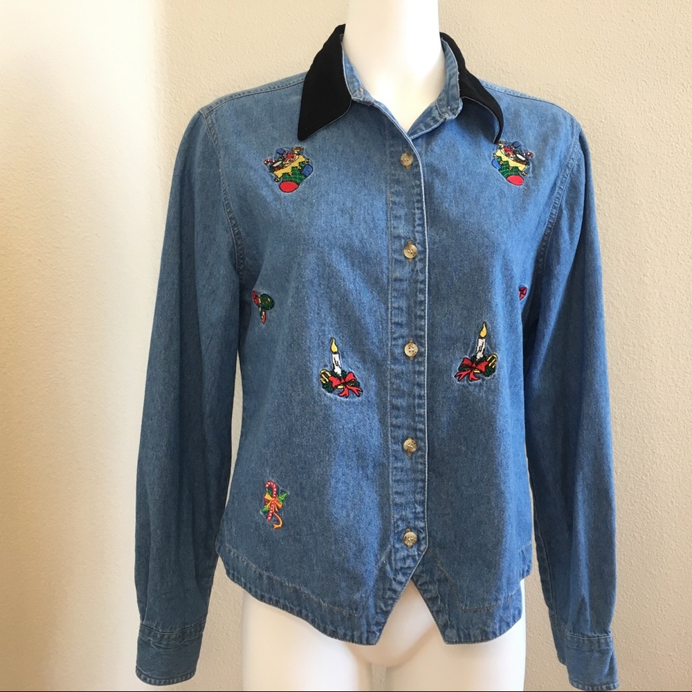 Vintage Christmas Denim Top by Bill Blass Jeans Medium Embroidery Button front